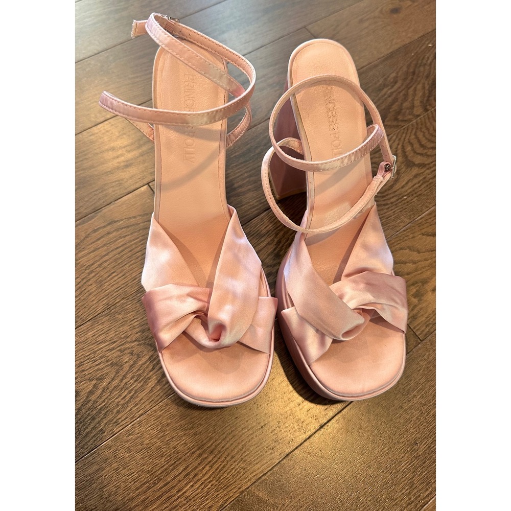 Princess Polly Pink Satin Platform Sandals Block Heel Knotted Ankle Strap Size 9